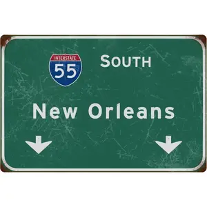 Tin Sign Retro South New Orleans Interstate 55 Direction Sign Indicating Logo Metal Sign Restaurant Airport Highway Bar Club Wall Decoration 12x8 Inches