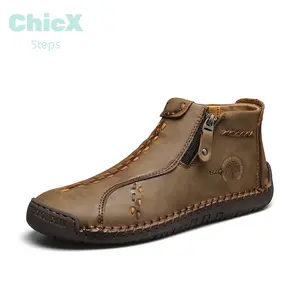 ChicX Steps Hand-Stitched Leather Ankle Boots for Men with Rubber Sole & Memory Foam - Minimalist Design for Office & Date Night Wear