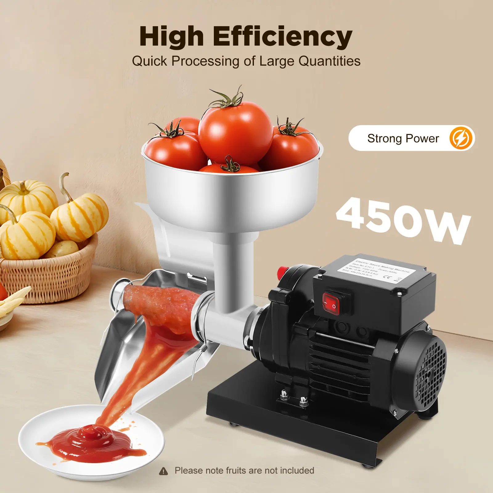 450W Stainless Steel Tomato Sauce Maker - Electric Fruit Puree Machine No Assembly - 110V High Power Fruit Sauce Processor