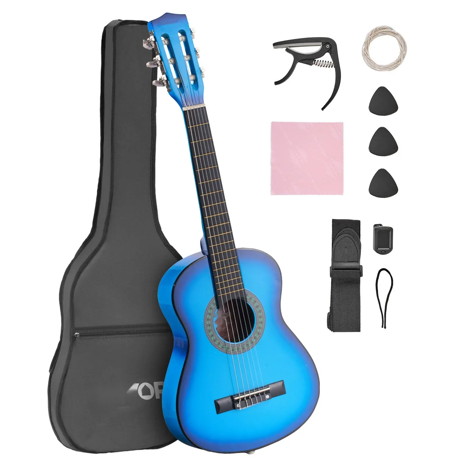 30 Inch Classical Guitar Starter Kit For Beginners With Nylon Strings Blue Color - Acoustic Guitar Package Includes Practice Picks Tuner Strap Detachable Case Spare Strings Quick Start Guide Lessons Playing Tips And Care