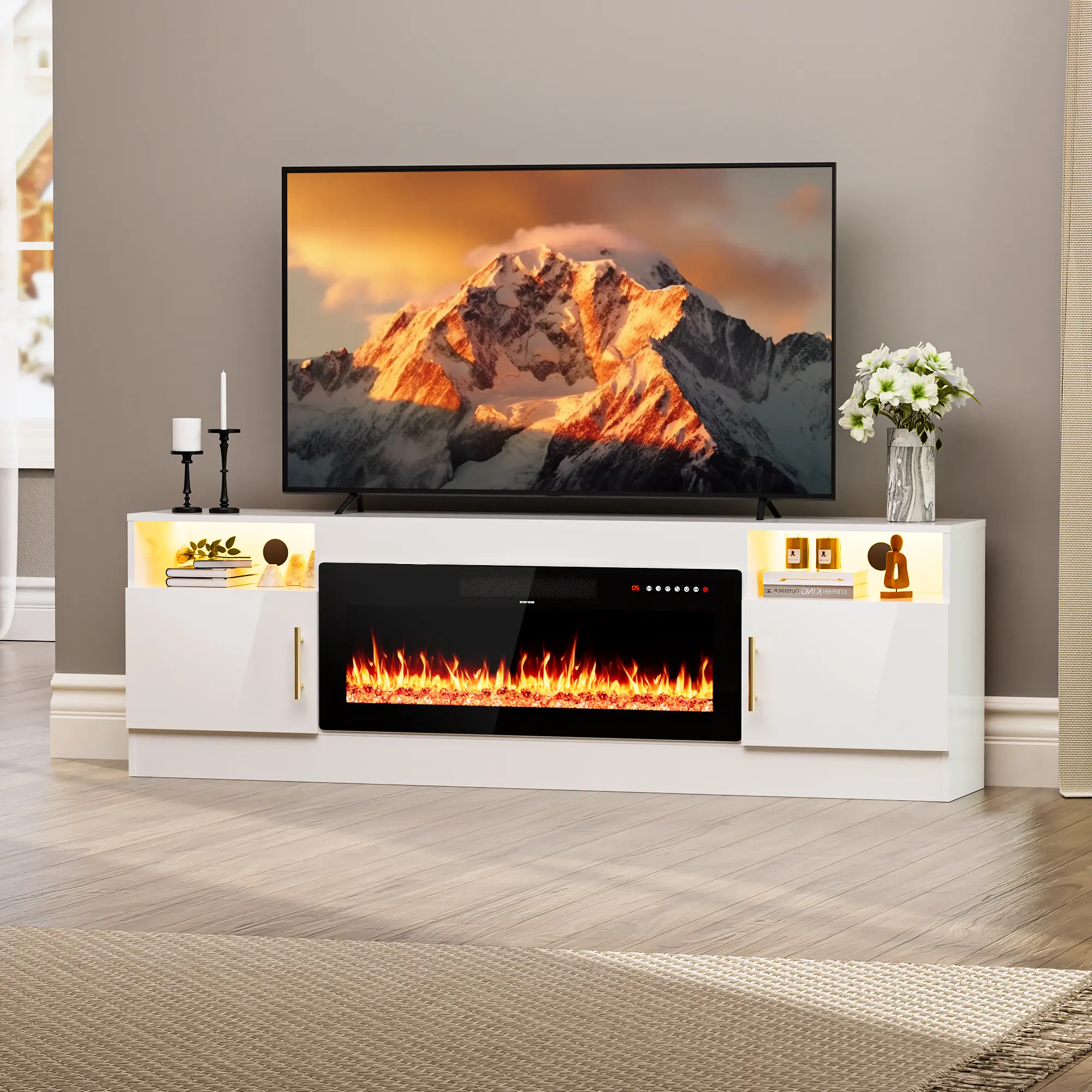 (2 Packages Shipping) AHB Fireplace TV Stands - 70-in Modern Media Console Cabinet with 36-in Electric Fireplace (Fits 80-in TVs Max), High-Gloss Door LED Lighting Entertainment Center for Living Room,dorm essentials,home decor homeessentials