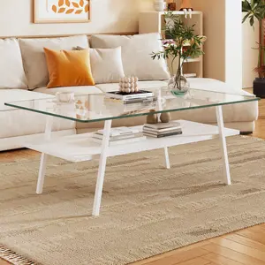 Rectangle Coffee Table, Tempered Glass Tabletop with Sturdy Metal Legs, Modern Stylish Table for Living Room, Easy Assembly