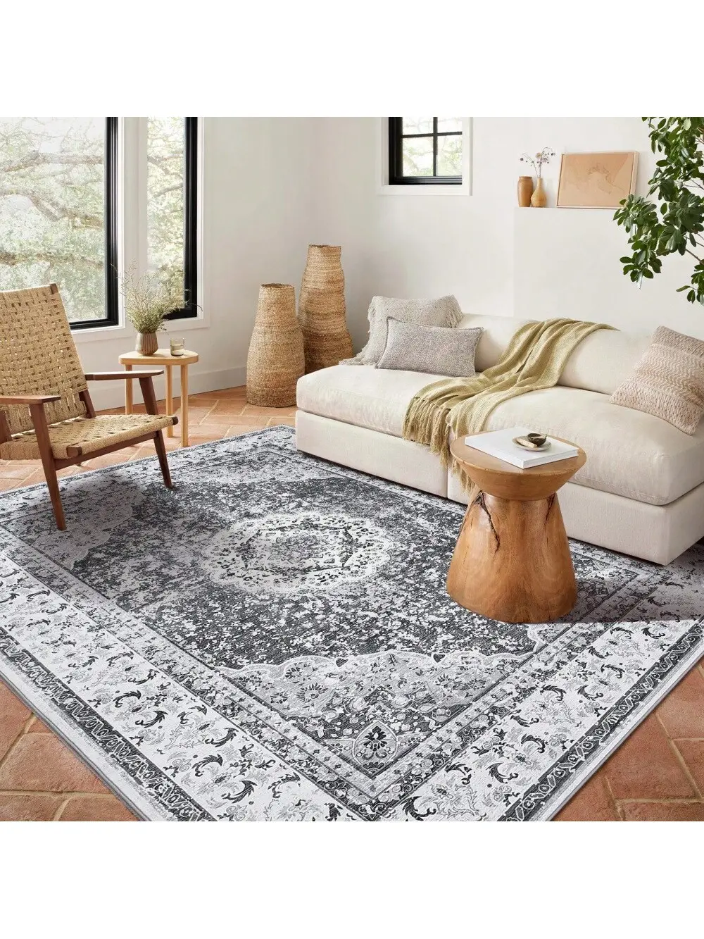 【Christmas Gift】Black and Grey-10ft*13ft Short Pile Area Rugs For Living Room Carpets Boho Washable Large Rugs For Bedroom Modern Vintage Classic Lounge Rug