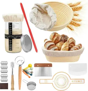 Complete Sourdough Starter Kit, Banneton Bread Proofing Basket with Glass Sourdough Starter Jar, Sourdough Bread Baking Supplies, 9'' Round Bread Proofing Basket, for Bread Making Baking Fermentation