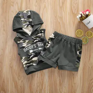 Toddler Infant Baby Boys Summer Outfits Set Hooded Camouflage Daddy's Boy Print Sleeveless Vest Tops Shorts 2pcs Clothes Set