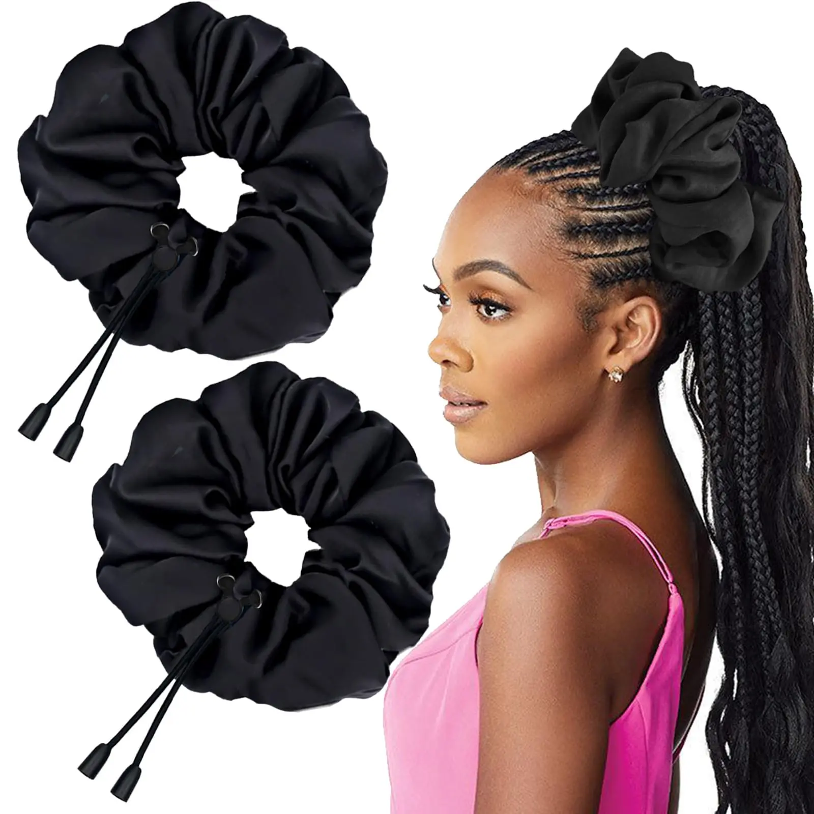 2 Adjustable Afro Puff Hair Tie  Extra Large Satin Scrunchies No Durable Accessories Oversize Bands Sleeping Giant For Thick Curly
