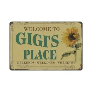 1pc 12×8 Inch Gigi's Place Sunflower Welcome Tin Sign, Distressed Vintage Rustic Aluminum Wall Art, Pre-drilled Decor for Farmhouse Home Porch Kitchen Living Room