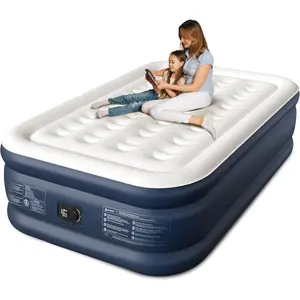 Full-size air mattress with built-in pump, 18" raised elevated platform, 28-coil honeycomb support and 600 lb capacity, 2.5-min quick inflation mattress for guests and moving