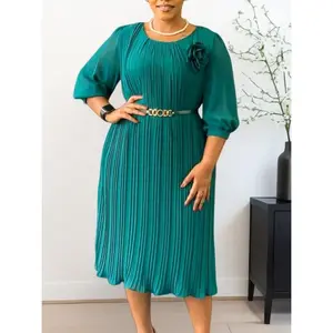 D614 Elegant Plus Size Teal Pleated Dress with 3/4 Puff Sleeves Round Neck Belted Flower Accent Midi Length for Work & Cocktail Events Chic Formal Womenswear, Lady