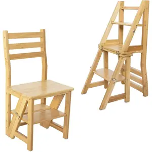 Innovative Creative Multi-Functional Bamboo Folding 3 Step Chair Stool, Reversible Portable Wooden Step Ladder Storage Shelf Use for Kitchen, Library, Garage, Office