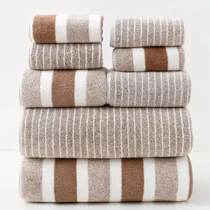 Striped Pattern Bath Towel Set, 8 Counts/set Including 2 Bath Towel, 2 Bath Towel, 4 Square Towel, Soft Quick Drying Highly Absorbent Premium Towel Set for Home Hotel Salon, Bathroom Towel Set
