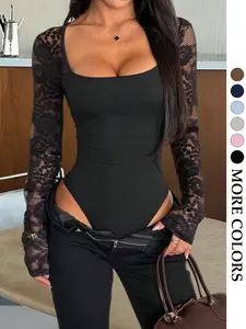 Women's Spring Summer Fashion Feminine Chic Casual Plain Jumpsuit, Fitted Long Sleeve Mesh Top, Sexy Square Neck Lace Bodysuit, Slimming Innerwear