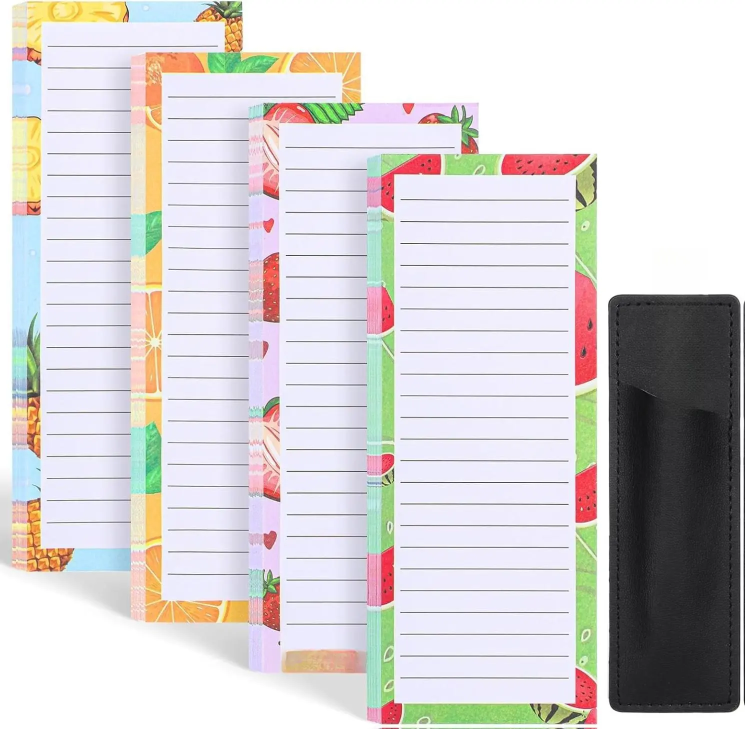 4-Pack Magnetic Fridge Note Pad with Pen Holder, 200-Sheet Office Accessories for Home & Office Grocery Shopping Lists (Fruit Design)