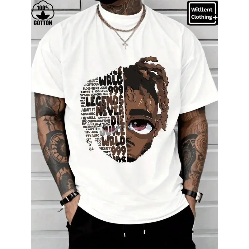 Men's WRLD LEGENDS NEVER DIE JUICE Menswear T-Shirt, Casual Round Neck Shortsleeve Drape Heavy Cotton Christmas T-Shirt, Tee
