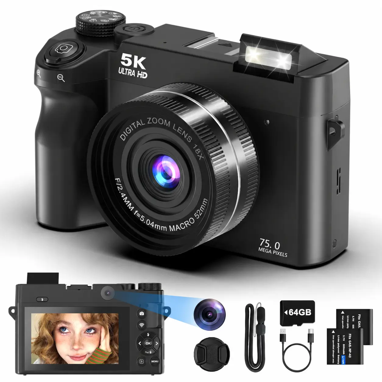 SpecHarge Electronic Portable Point and Shoot Digital Camera (Black, 16GB, 2 Batteries) - Compact Handheld Camera, Auto Focus, Auto/ISO100-ISO6400, 11F, 5V, Beginner-Friendly, Rechargeable, USB Port, MP4 Video, for Vacations, Everyday Moments