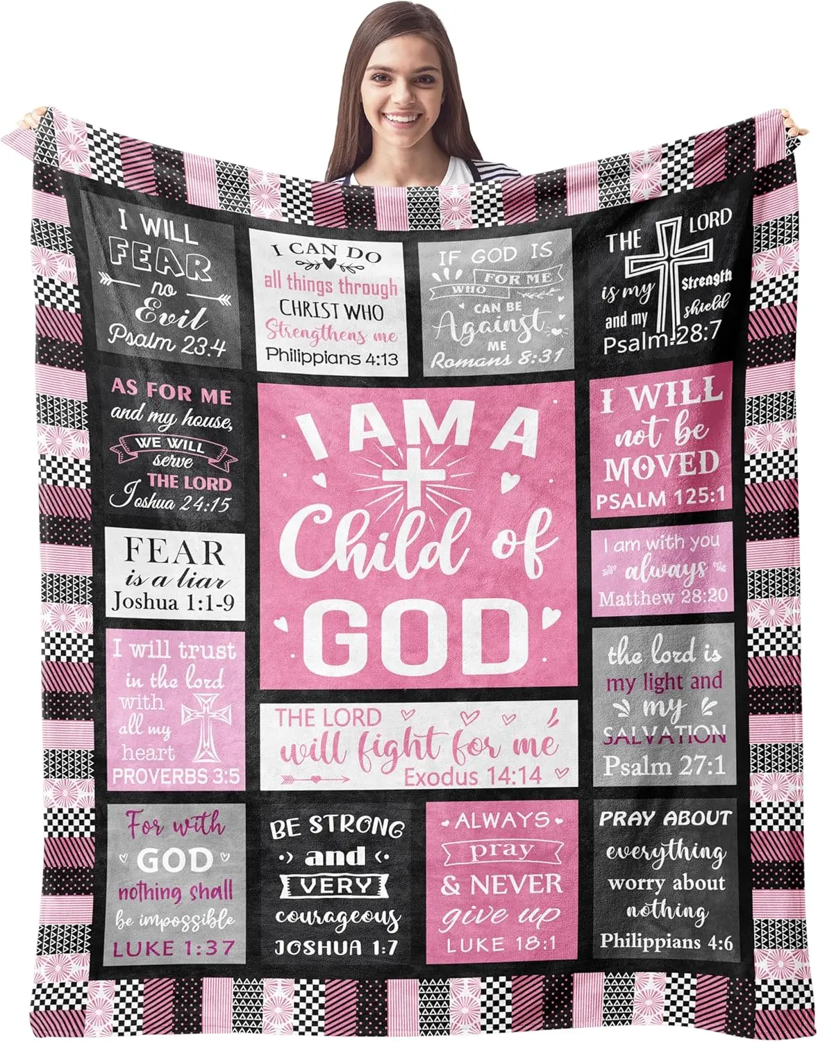 Christian Inspirational Plaid Throw Blanket - 80x60 in, "I Am a Child of God" Bible Verse Design, Soft Blanket for Family Members-Friends, Church Groups Gifts & Home Decor