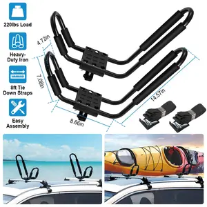 Universal Kayak Roof Rack for SUV/Car, Heavy Duty J-Bar Carrier for Canoe Surfboard Paddleboard, 220lbs Load Capacity with 8ft Tie Down Straps, Easy Assembly 1 Pair