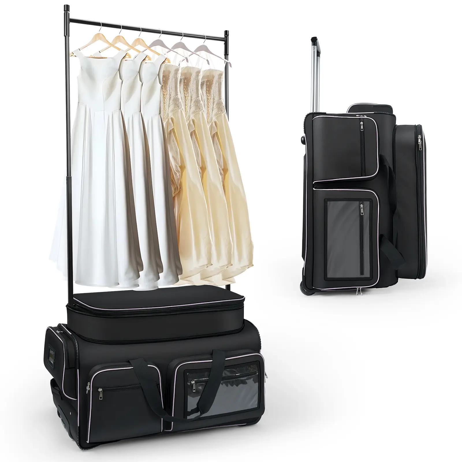 Dance Bag with Garment Rack, 28" Dance Costumes Rolling Garment Bags For Travel, Garment Duffel Bag For Dance Competition Travel Bag with Garment Rack (Black with Light Purple Trim)