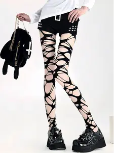 Women's Ripped Skinny Pants Gothic Punk Style Cutout Long Socks Y2K Ripped Stockings Fashion Trendy Accessory Thigh Highs