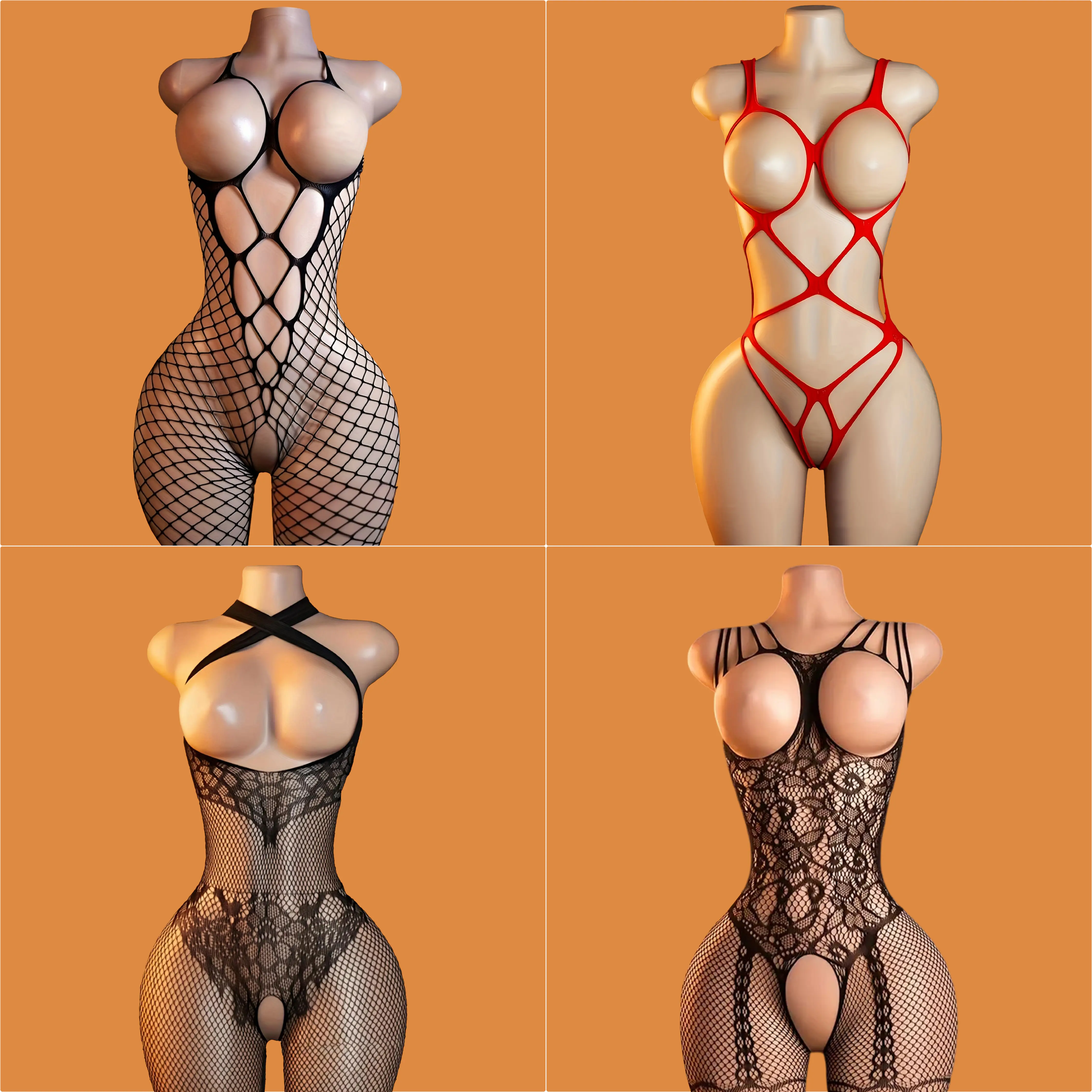 Women's 4-Piece Lingerie Set - Seductive Polyester Teddy, Corset & Fishnet Bodysuits in Mixed Lace-Up Styles, 1 Size, Babydoll, Mixed Color, Women's Clothes wear, Lady, Basic, Full Body, One Size