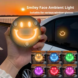 Solar powered LED car interior neon lights, smiley face design, eco-friendly wireless car interior decorative lights, suitable for car windows, 6 variable lighting modes, unisex car accessory.