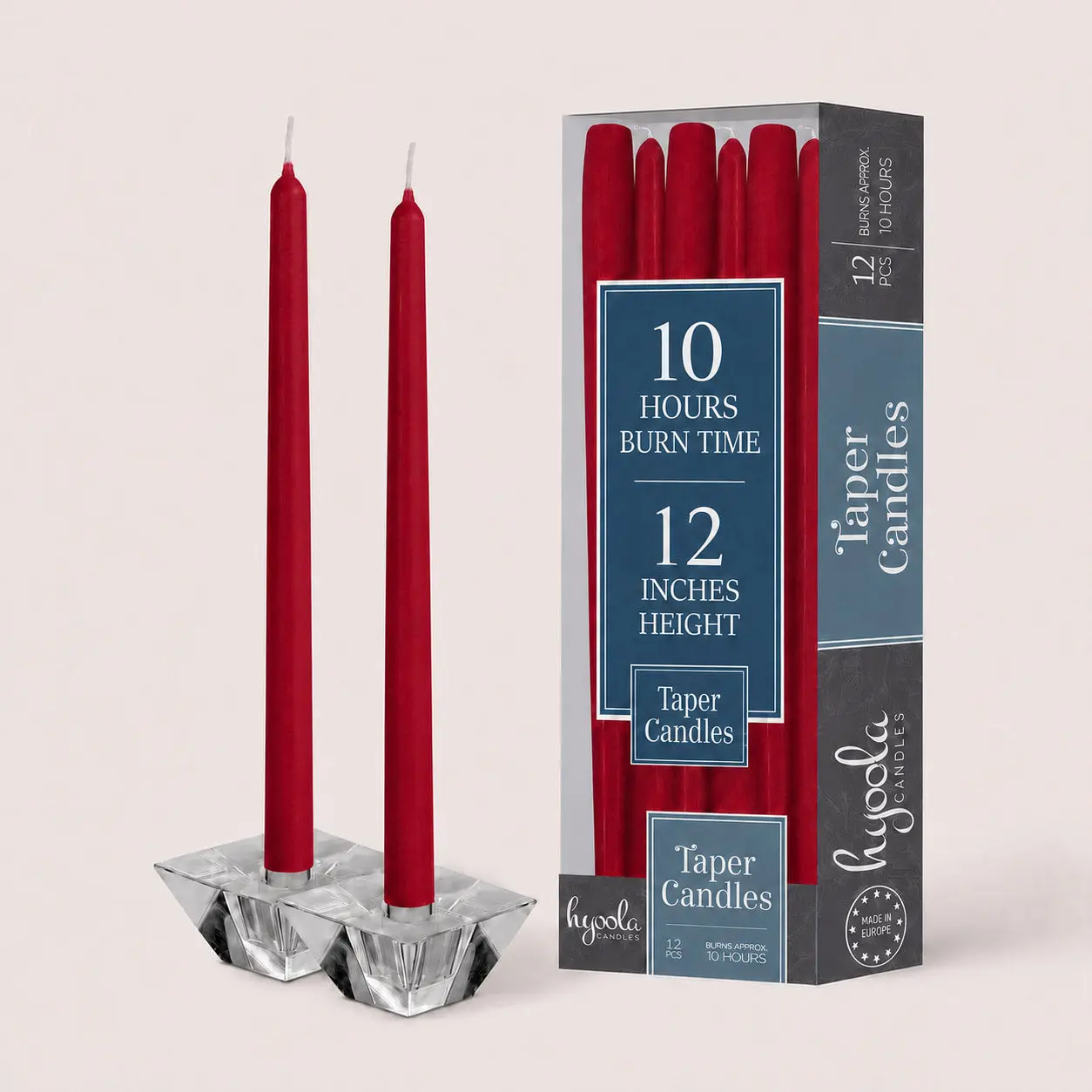 Cherry Red Taper Candles – 12-Inch, 12-Pack, Unscented & Dripless, Room Decor
