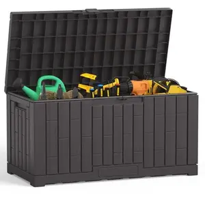 60 Gallon Deck Box with Lockable Lid, UV Resistant Waterproof Outdoor Storage Box, Large Patio Storage Container for Cushions Gardening Tools, 330 lb Weight Capacity Bench, Portable Handles, Tool-Free Assembly
