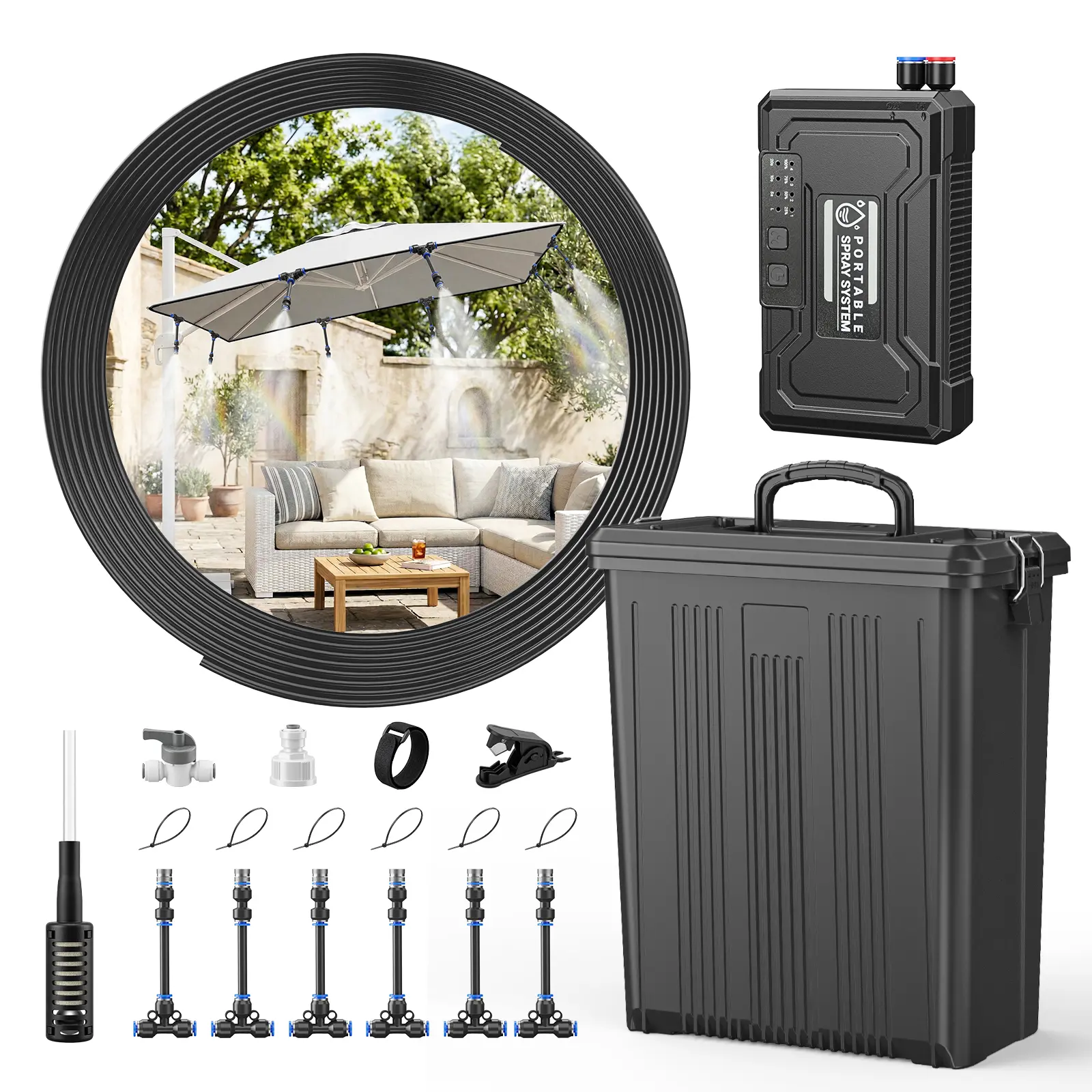Portable 4-Gal Automated Misting Watering Equipment, Easy to Move Outdoor System with 15000mAh Rechargeable Pump, 33FT Hose, Fine Mist/Liquid Spraying for Backyards, Umbrellas, Water Bucket Compatibility