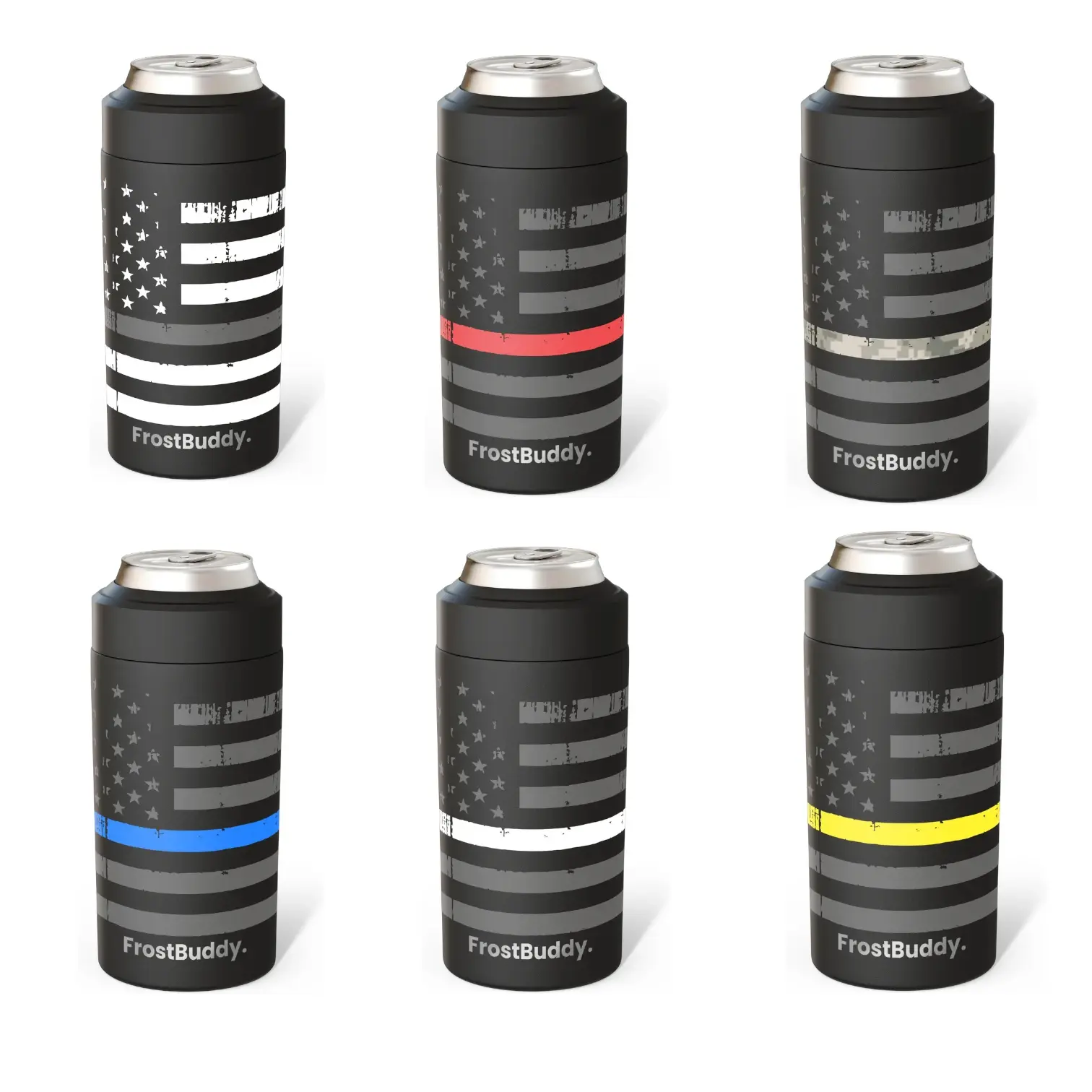 FrostBuddy Universal Can Cooler - Red Line Firefighter Engraved, Stainless Steel, Double-Wall Vacuum Insulation, Personalized Gift for First Responders, 12oz & 16oz Compatibility - Drinkware