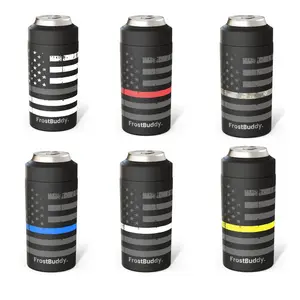 FrostBuddy Universal Can Cooler - Red Line Firefighter Engraved, Stainless Steel, Double-Wall Vacuum Insulation, Personalized Gift for First Responders, 12oz & 16oz Compatibility - Drinkware