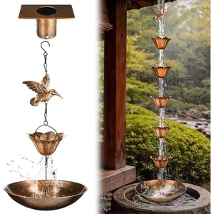 8.5ft Rain Chains for Outside Gutters, 12 Cups Rain Chain Catcher with Anchor Basin, Adjustable Metal Downspout Replacement Rainwater Diverter for Garden Eaves Drainage (Bird)