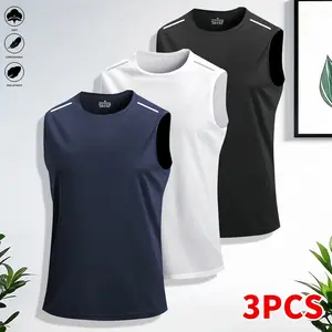 Men’s three-pack sleeveless athletic T-shirts with a minimalist solid color design—breathable and comfortable for everyday wear, running training, and outdoor fitness. graphic