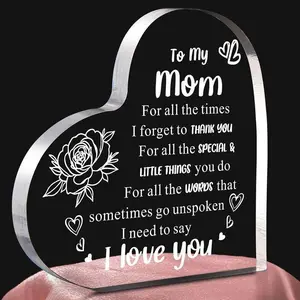 Heart Shaped Acrylic Decoration Block with Flower & Letter Pattern Inspirational Gift for Mom Premium Quality Glass Keepsake for Mom's Birthday decorative ornament