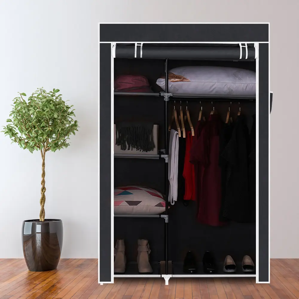 64" Portable Closet Clothes Wardrobe Organizer for Small Room, Bedroom, Dorm, Apartment & Walk-In Closet – Sturdy Steel Frame, Movable Hanging Rod, 6 Storage Shelves, Dustproof & Water-Proof Non-Woven Fabric Cover, No Tool Assembly