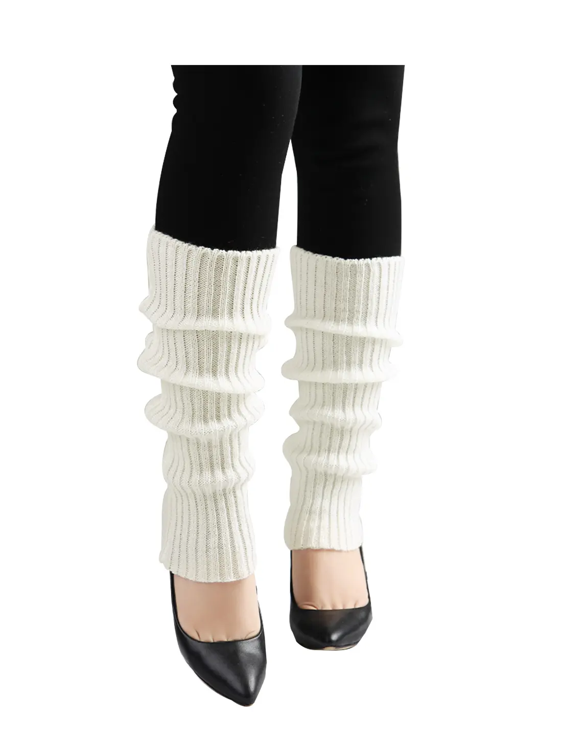 INSPIRE CHIC Women's Knitted Toeless Solid Color Stretchy Knee High Ribbed Leg Warmers White Fit Calf Girth: 10-15"