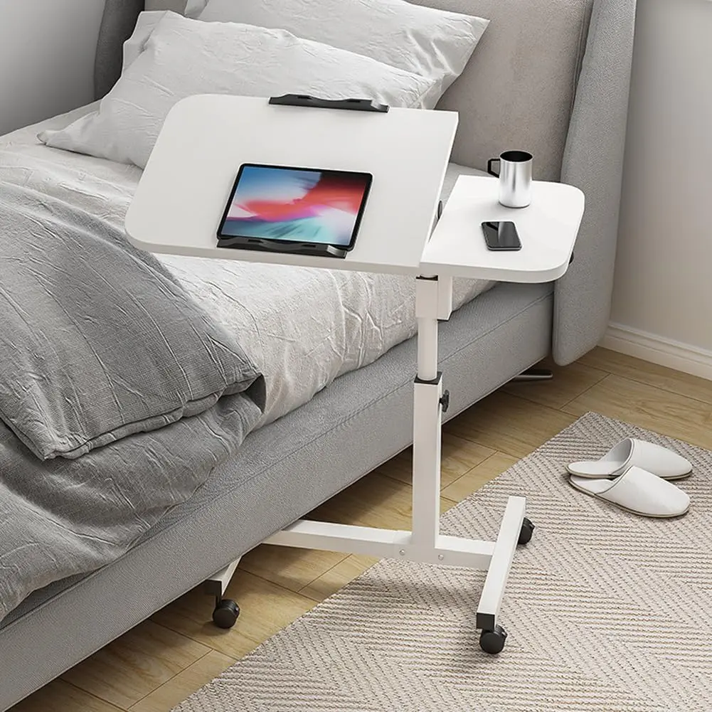 Height Adjustable Laptop Table with Wheels 60-95cm Tiltable Desk Side Table for Bed Sofa Office White