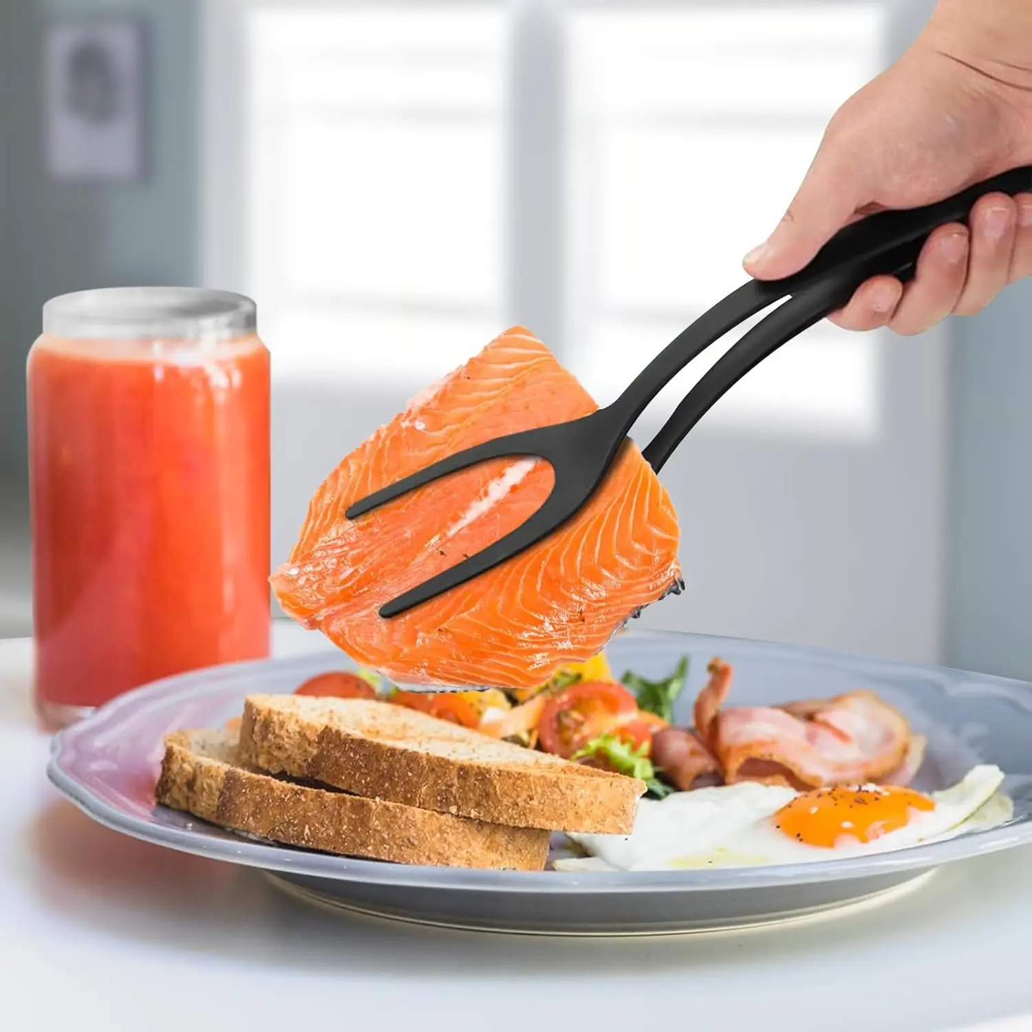 2 in 1 Grip and Flip Spatula Tongs Egg Flipper Tong Pancake Fish French Toast Omelet Making for Home Kitchen Cooking Tool Black spatulaset Silicone Utensils non scratch Steak