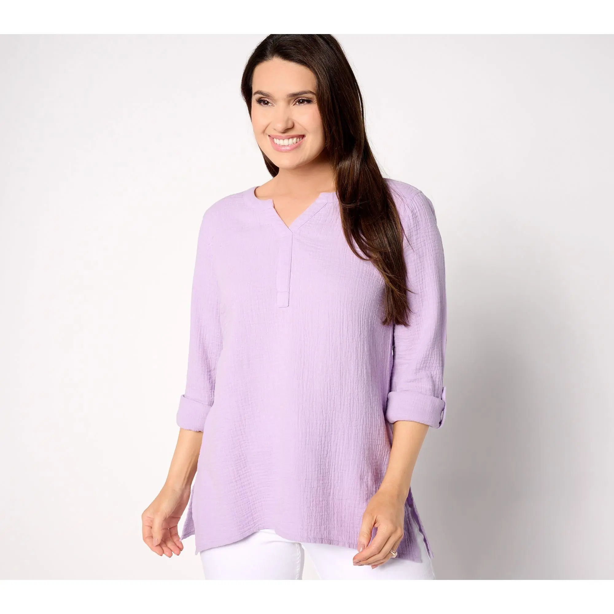 Susan Graver PURE Regular Cotton Gauze Split-Neck Tunic