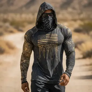 [New product] Professional men's long-sleeved hoodie, black gold splashed paint national flag mask integrated long-sleeved T-shirt, breathable outdoor facial protection Casual Athletic Apparel