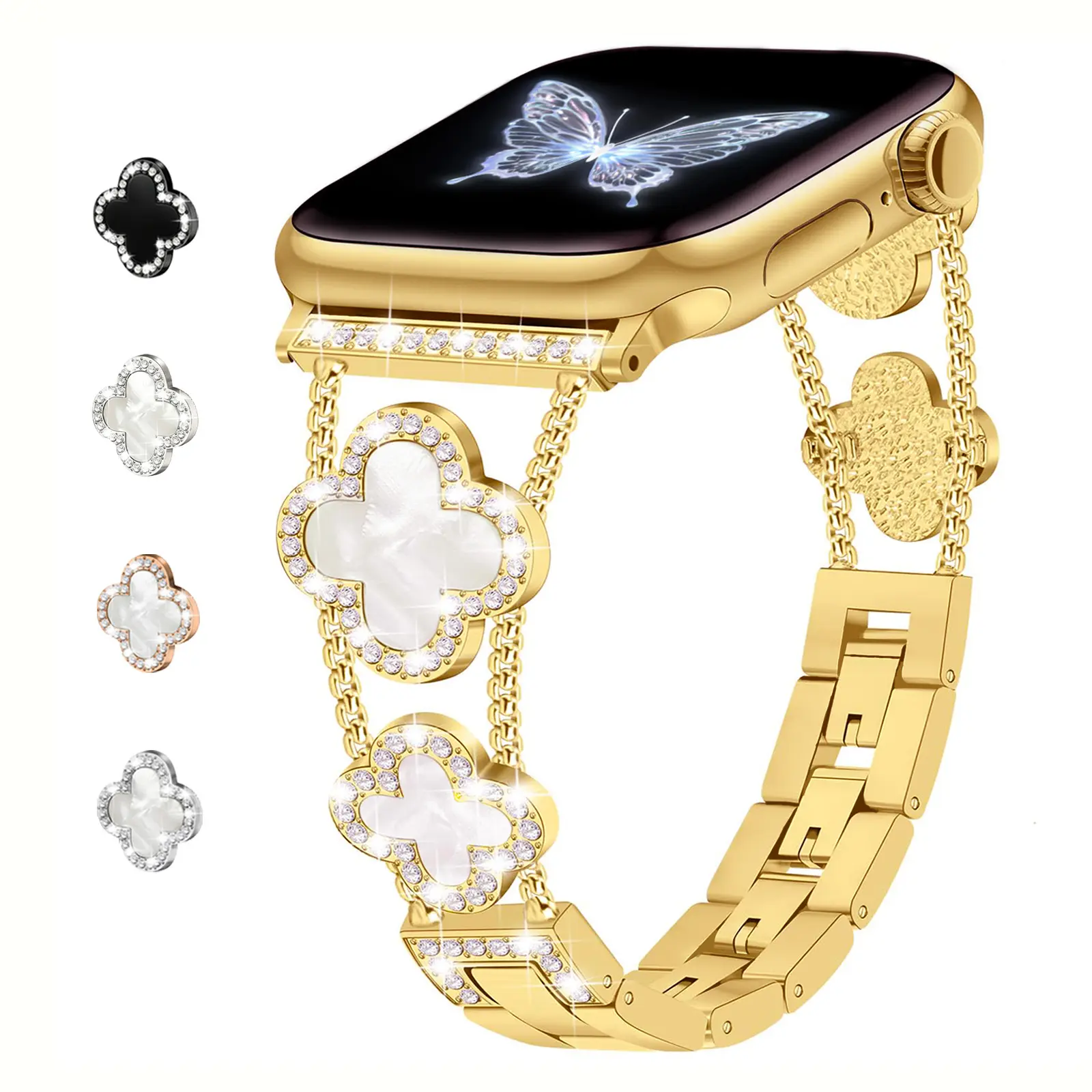 Bling Diamond Band Compatible with Apple Watch Bands for Women 40mm 41mm 38mm 42mm Series 11 10 9 8 7 6 5 4 SE 3 2 1, Sparkle Metal Bracelet Wristband, Cute Lucky Clover Dressy iWatch Band,Dainty Gold & Silver Bracelet, Stylish & Fancy Metal Strap