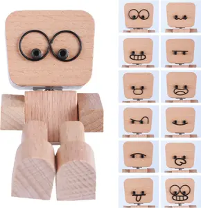 Cute Car Decor, Shaking Feet Wooden Doll with 12 Changeable Magnetic Faces - Handmade Shaking Wooden Man Figurine, Spring Figurines for Car Dashboard Decorations, Funny Desk Office De