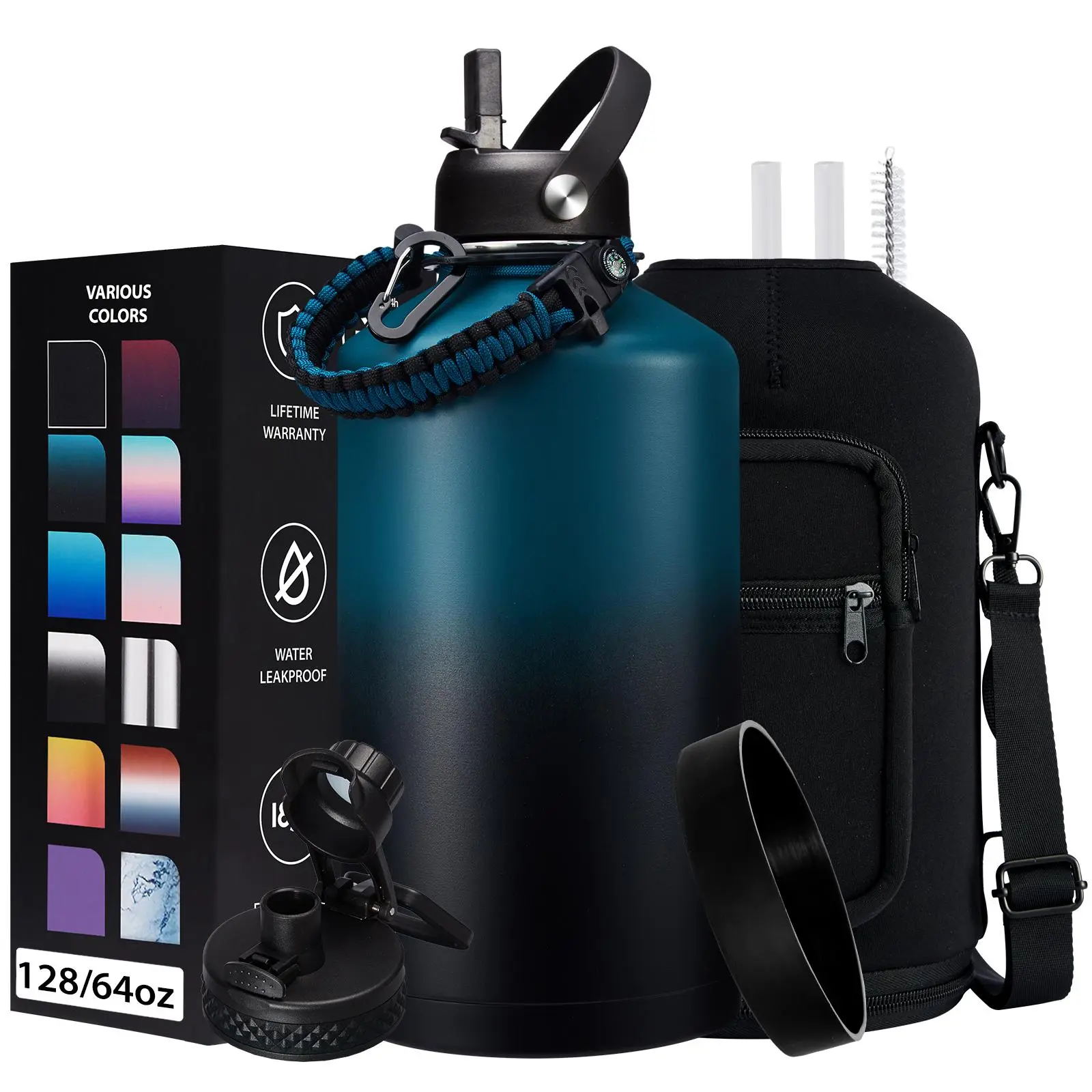 Insulated Water 128 oz Blue&Black - Cold-48h & Hot-24h Gallon Stainless Steel Vacuum Flask with Straw & Pop-up Chug Lid, Leak Proof 32oz Water Bottles, Wide Mouth Hydro Metal Thermal Cups for Gym Work