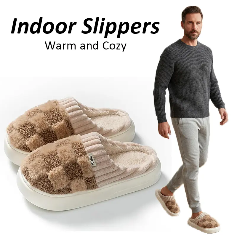 Warm Plaid Plush Women Men Slippers Cozy Furry Slip On House Slippers Thick Cushion Non Slip Indoor Winter Bedroom Slippers