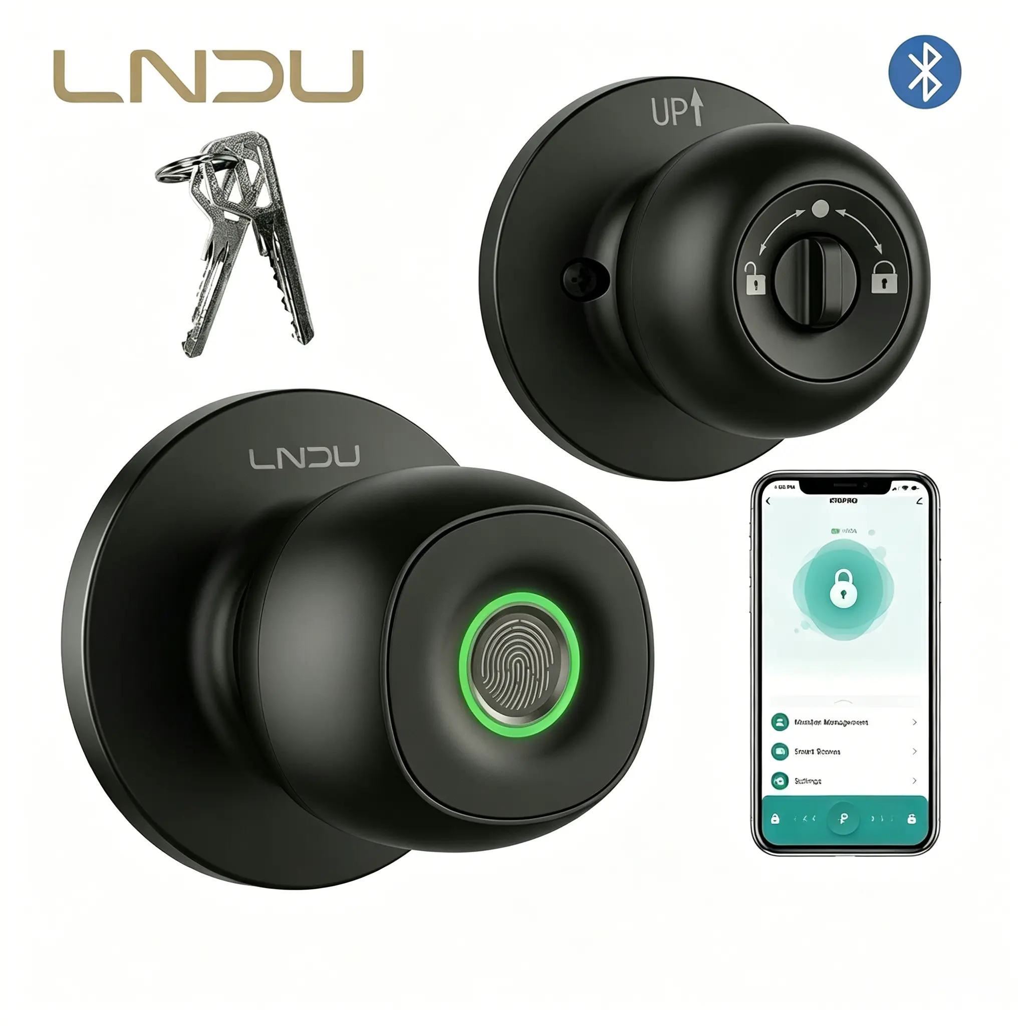 LNDU D500 Smart Fingerprint Door Knob with APP Control, Biometric Keyless Entrance Door Lock with 3 Modes (Privacy/Passage/Auto-Lock), 3 AAA Batteries Powered, 100 Fingerprints, Type-C Emergency Power for Unlocking, for Bedroom, Office, Home, Door Securit