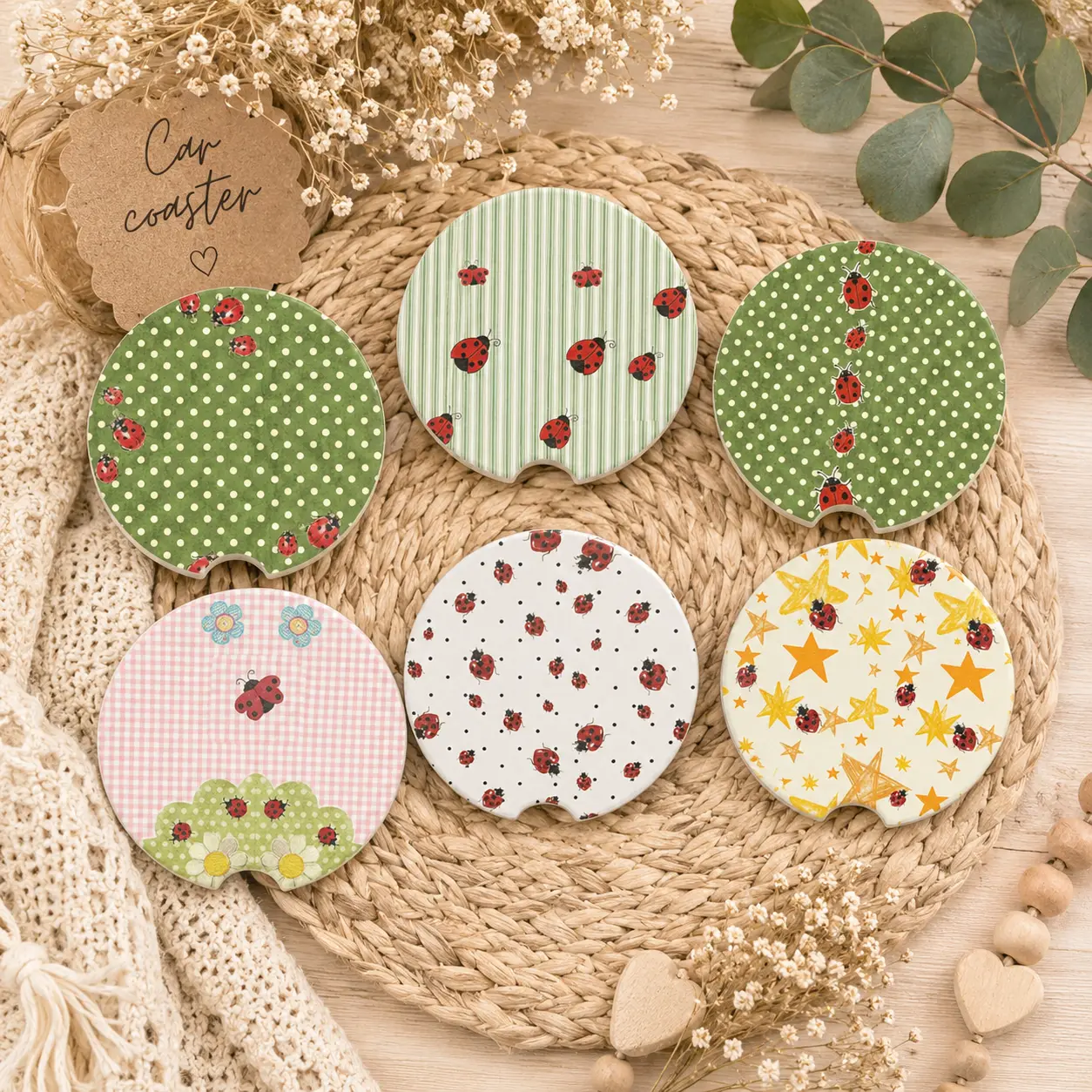 Ladybug Car Coasters Set, Green Cottagecore Car Accessories, Cute Floral Ceramic Car Coaster, Absorbent Cup Holder Coaster Gift