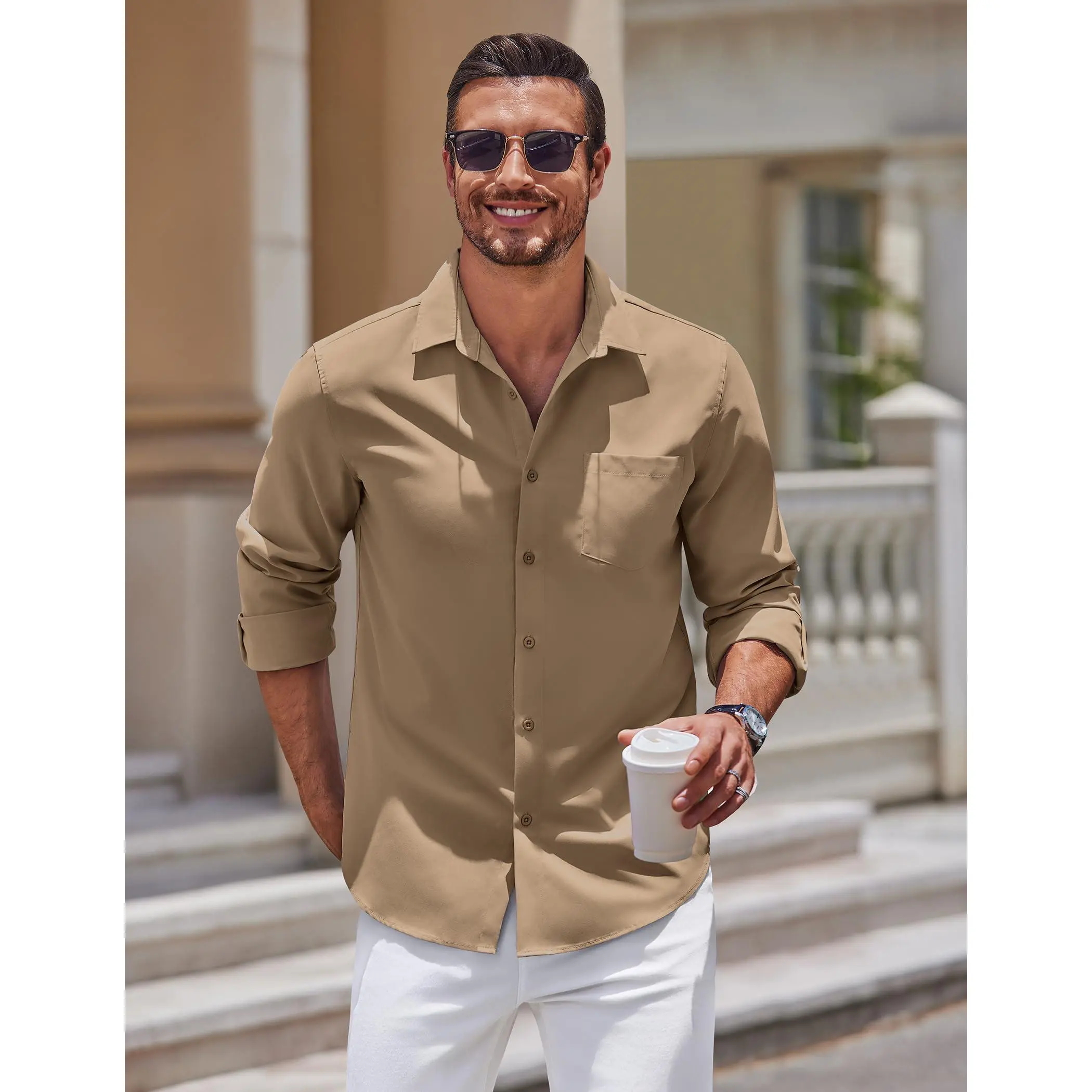 COOFANDY Mens Long Sleeve Button Down Shirts Untucked Shirts for Men Casual Dress Shirts Beach Wedding Shirts, Army Green, Large