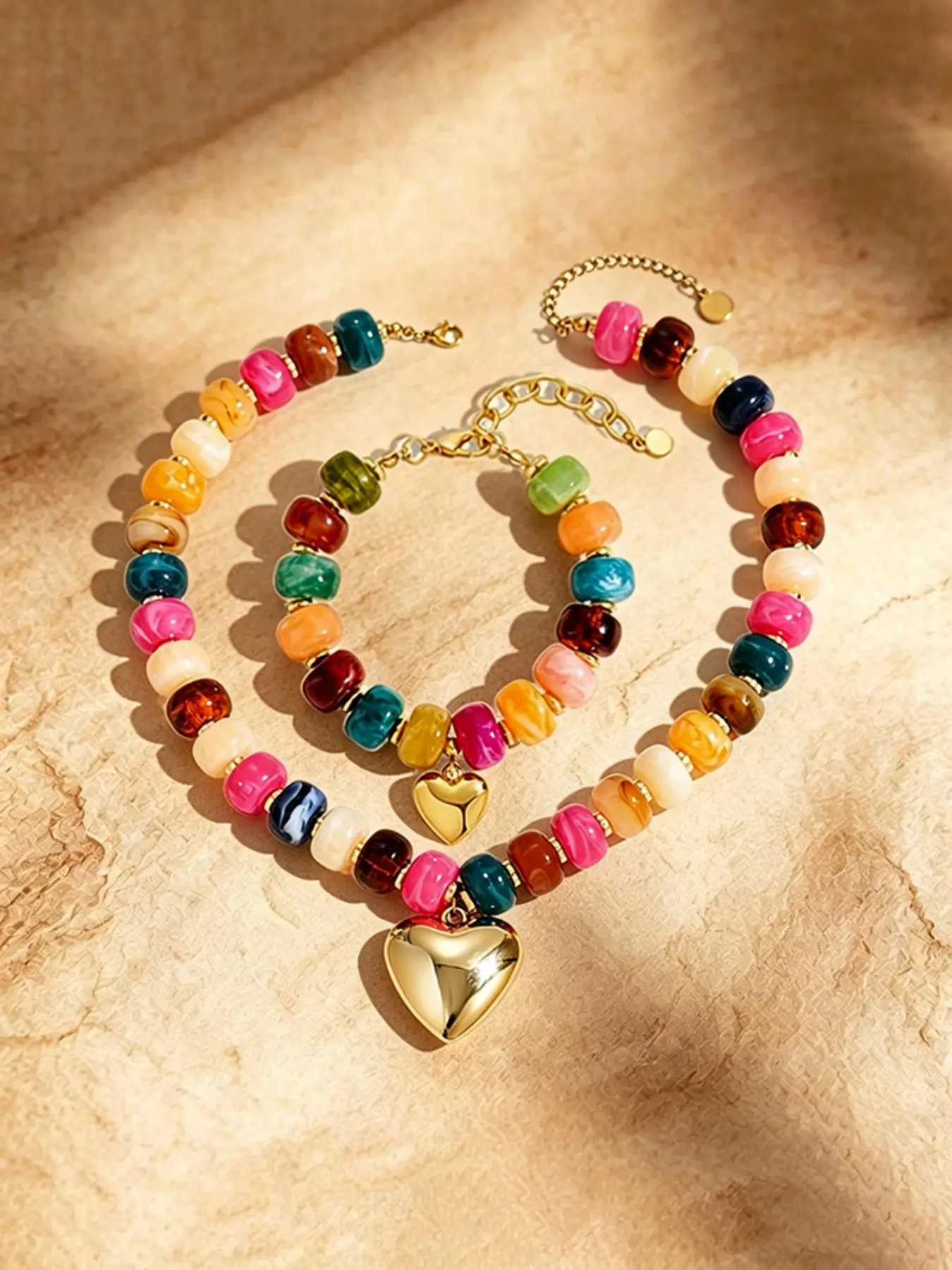 Women's Vintage Boho Jewelry Set, Colorful Beaded Necklace and Bracelet, Heart Pendant, Adjustable, All Seasons, Party Wear