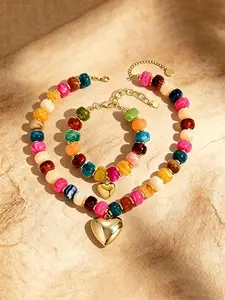 Women's Vintage Boho Jewelry Set, Colorful Beaded Necklace and Bracelet, Heart Pendant, Adjustable, All Seasons, Party Wear, Beaded Bracelets Set