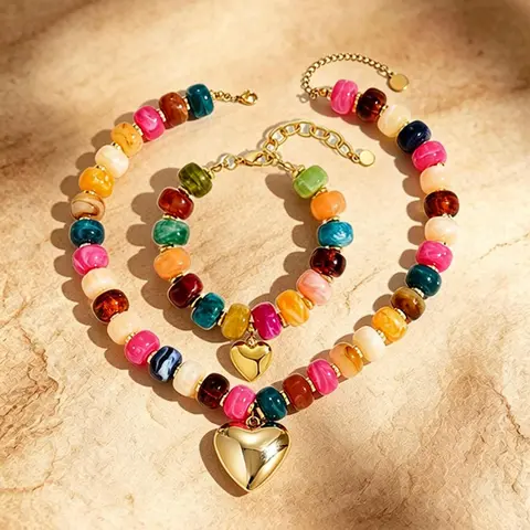 Women's Vintage Boho, Bohemian Jewelry Set, Colorful Beaded Necklace and Bracelet, Heart Pendant, Adjustable, All Seasons, Party Wear