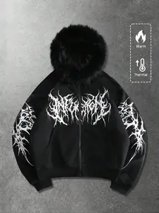 Unisex Y2K Gothic Angel Graphic Print Fitted Hooded Jacket, Fleece Lined, Zipper Design, Street Fashion, Warm and Stylish, Outdoor and Daily Wear